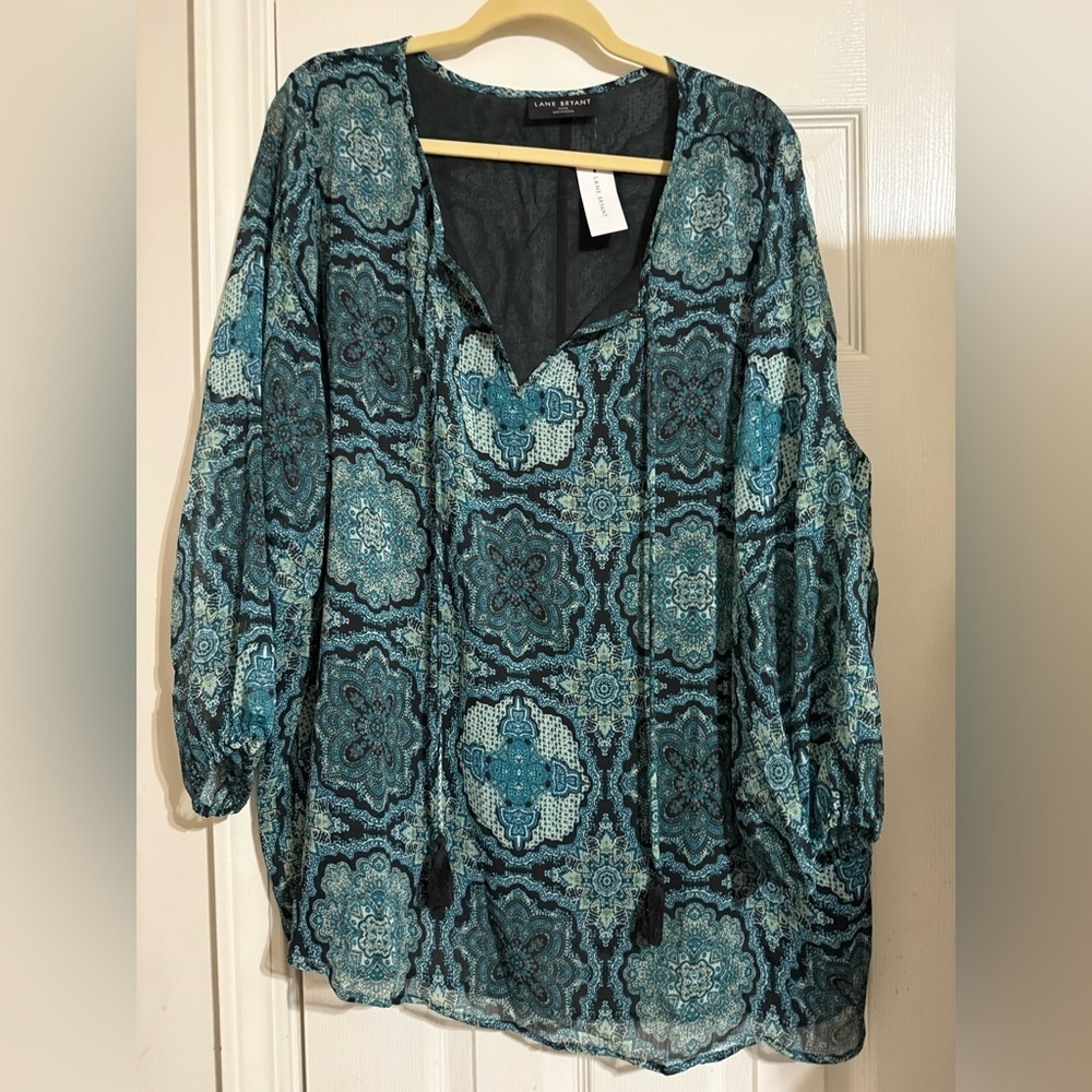 NWT Lane Bryant Tassel-Tie Notch-Neck Popover Blouse